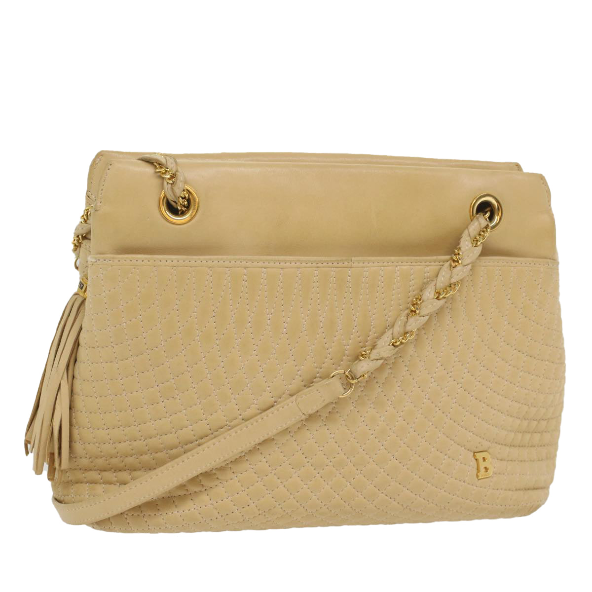 BALLY Quilted Shoulder Bag Leather Beige Auth yb383