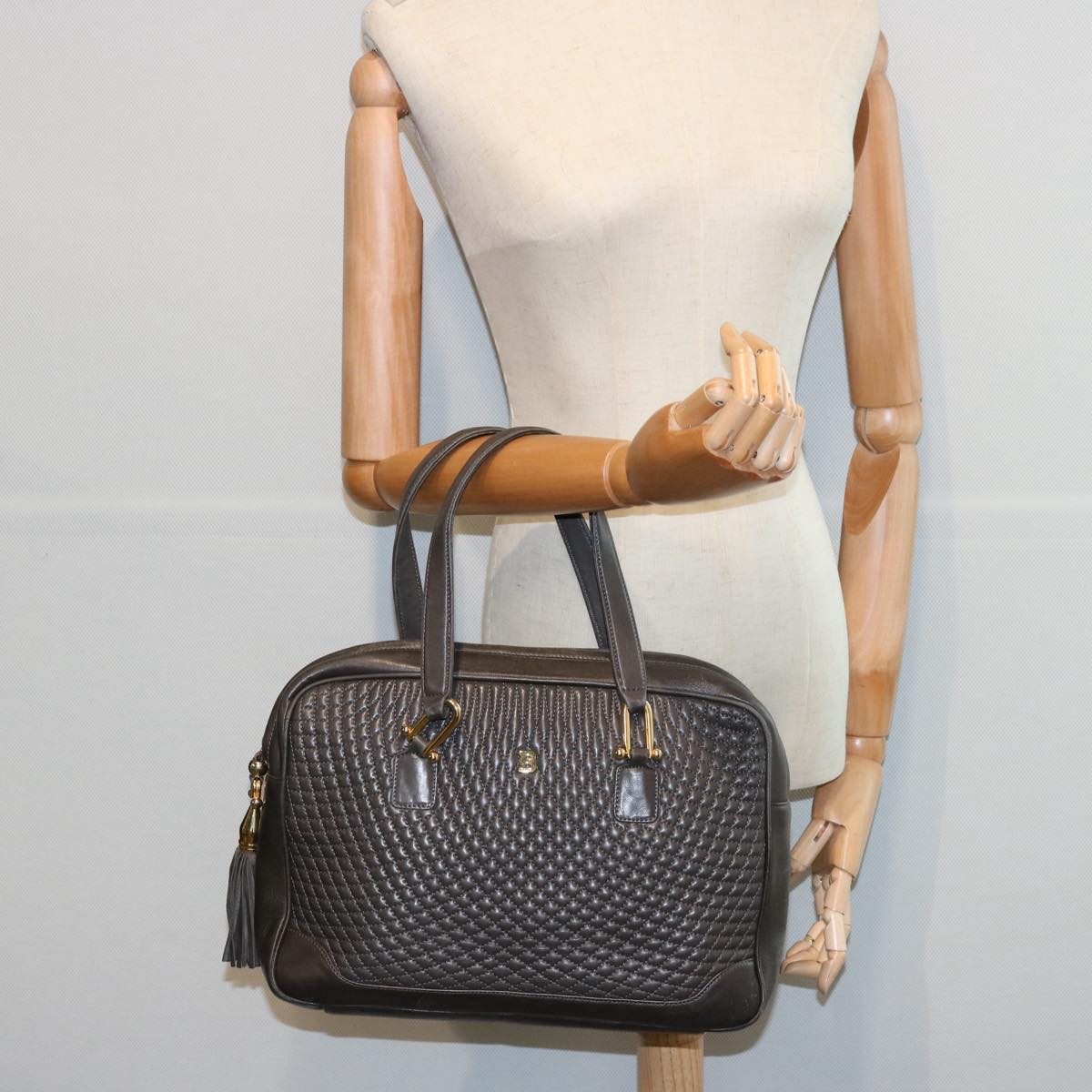 BALLY Hand Bag Leather Gray Auth yb457