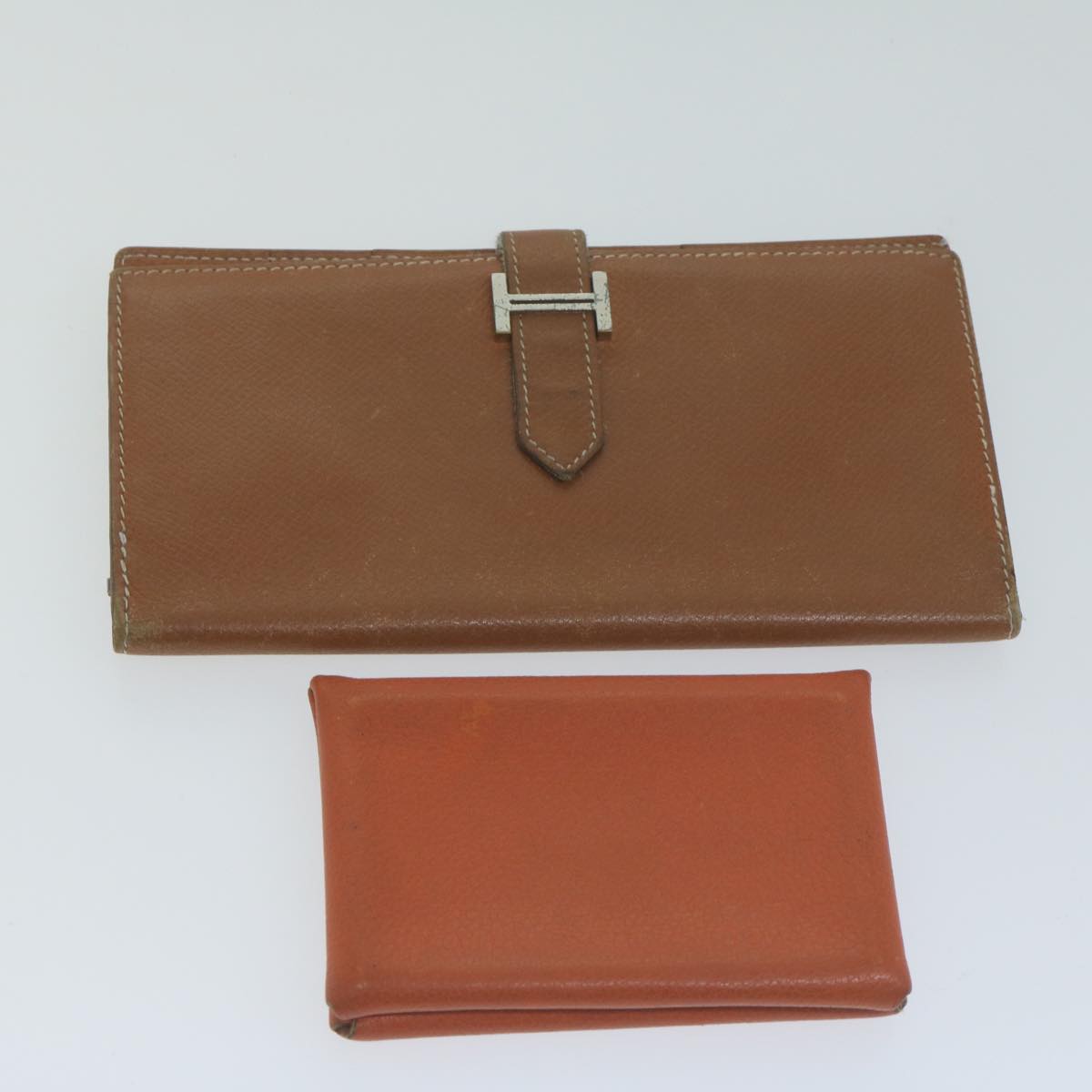 HERMES Wallet Leather 2Set Brown Orange Auth yb496