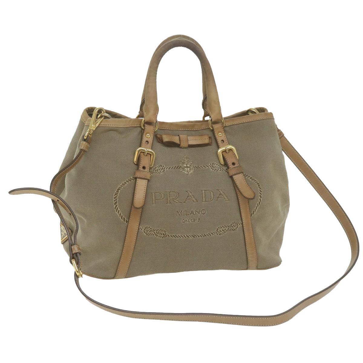 PRADA Hand Bag Canvas 2way Beige Auth yb499