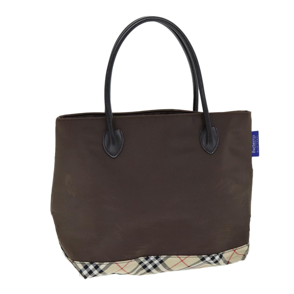 Burberrys Nova Check Blue Label Hand Bag Nylon Brown Beige Auth yb564