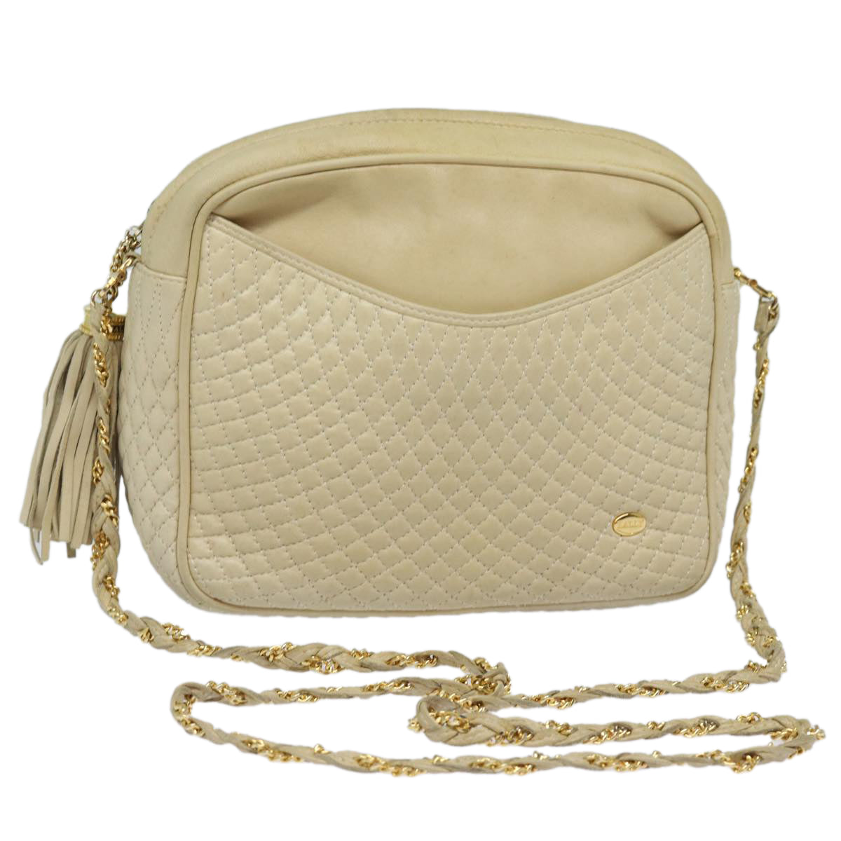 BALLY Chain Shoulder Bag Leather Beige Auth yb588