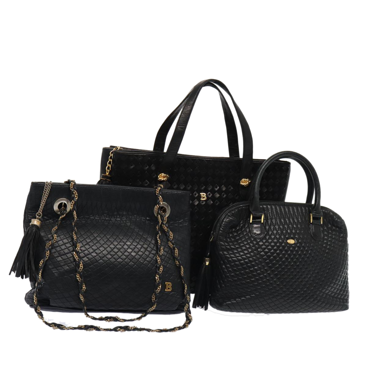 BALLY Quilted Chain Hand Bag Leather 3Set Black Auth yb604