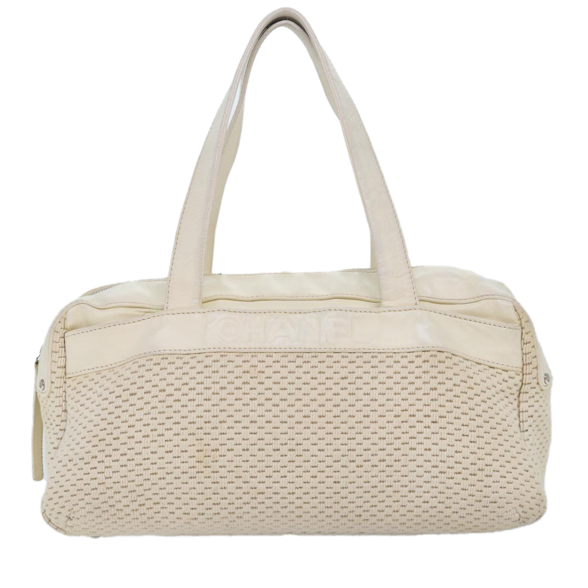 CHANEL Hand Bag Canvas Leather Beige CC Auth yb619