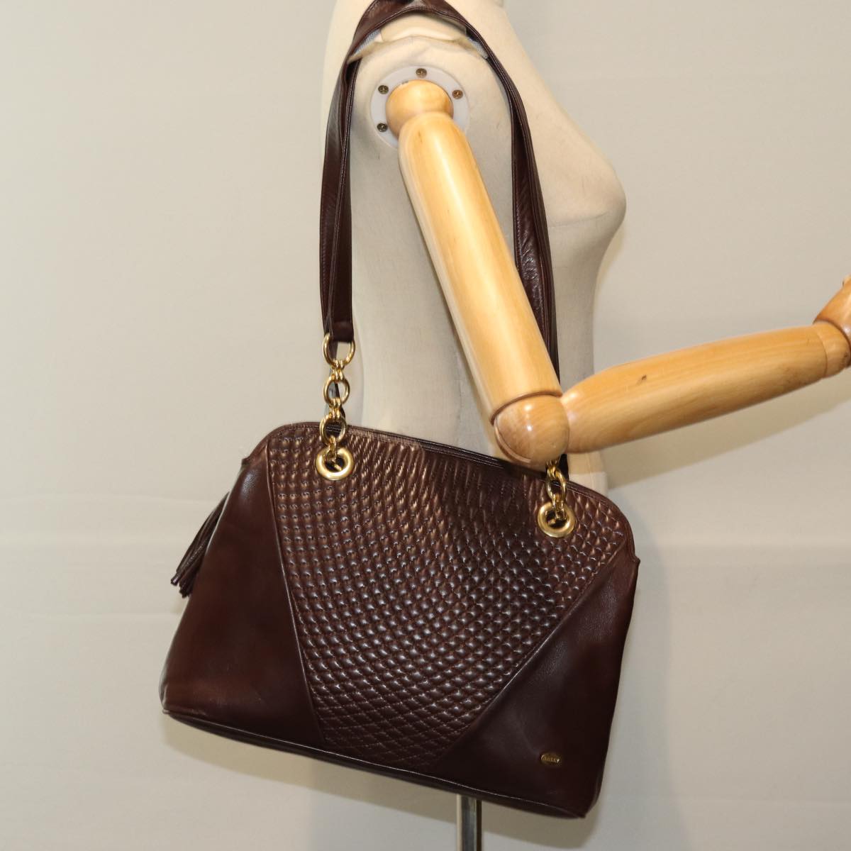 BALLY Quilted Shoulder Bag Leather Brown Auth yb630