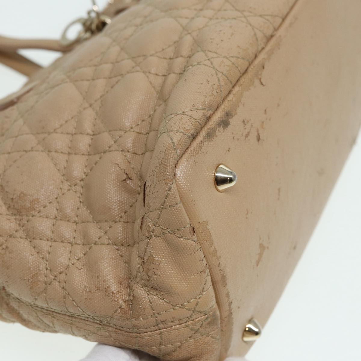 Christian Dior Lady Dior Canage Hand Bag Coated Canvas Cream Vanilla Auth yb647