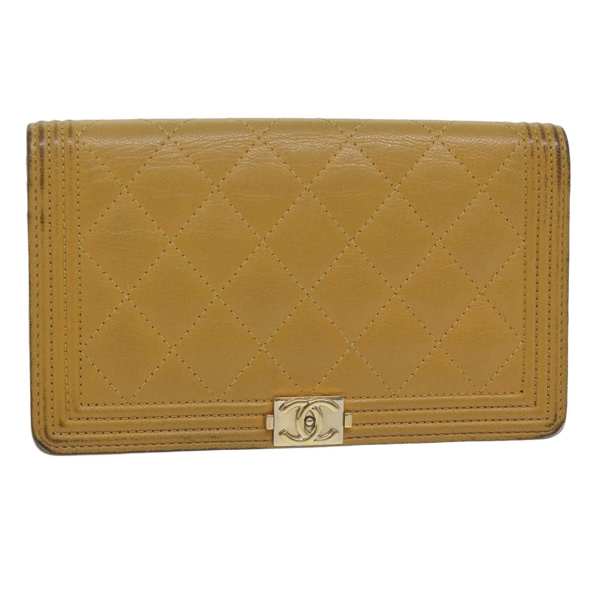 CHANEL Boy CHANEL Matelasse Wallet Leather Yellow CC Auth yk10085