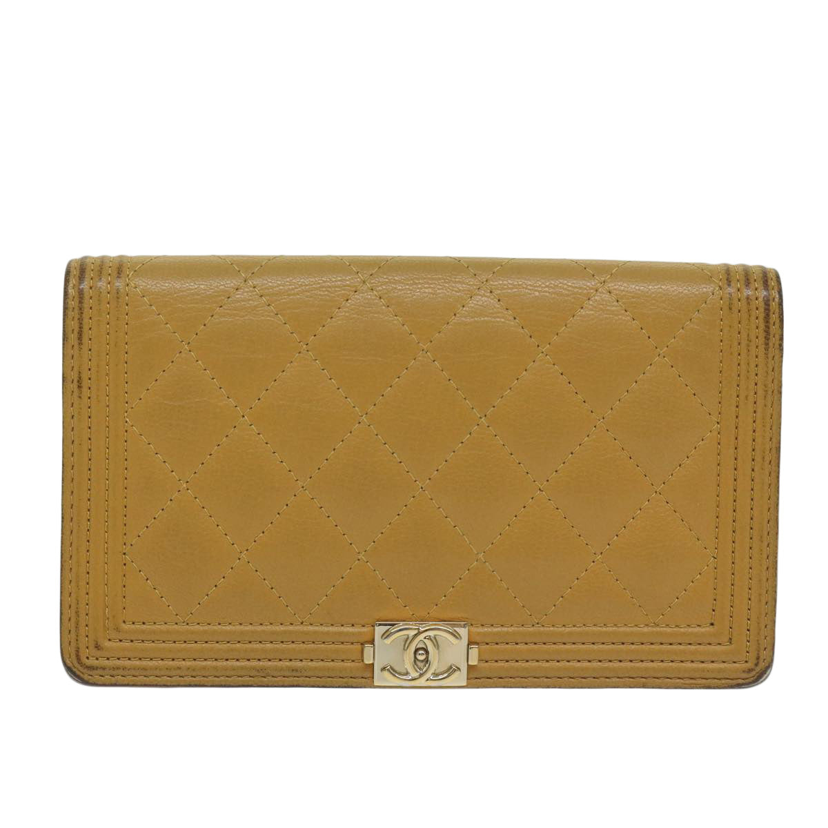 CHANEL Boy CHANEL Matelasse Wallet Leather Yellow CC Auth yk10085