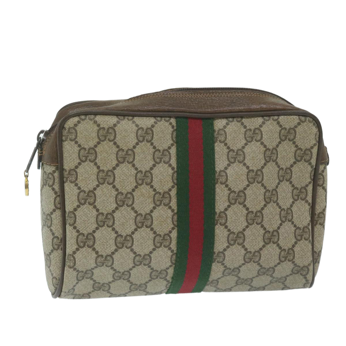 GUCCI Web Sherry Line GG Supreme Clutch Bag Beige Red 40 014 3553 Auth yk10088