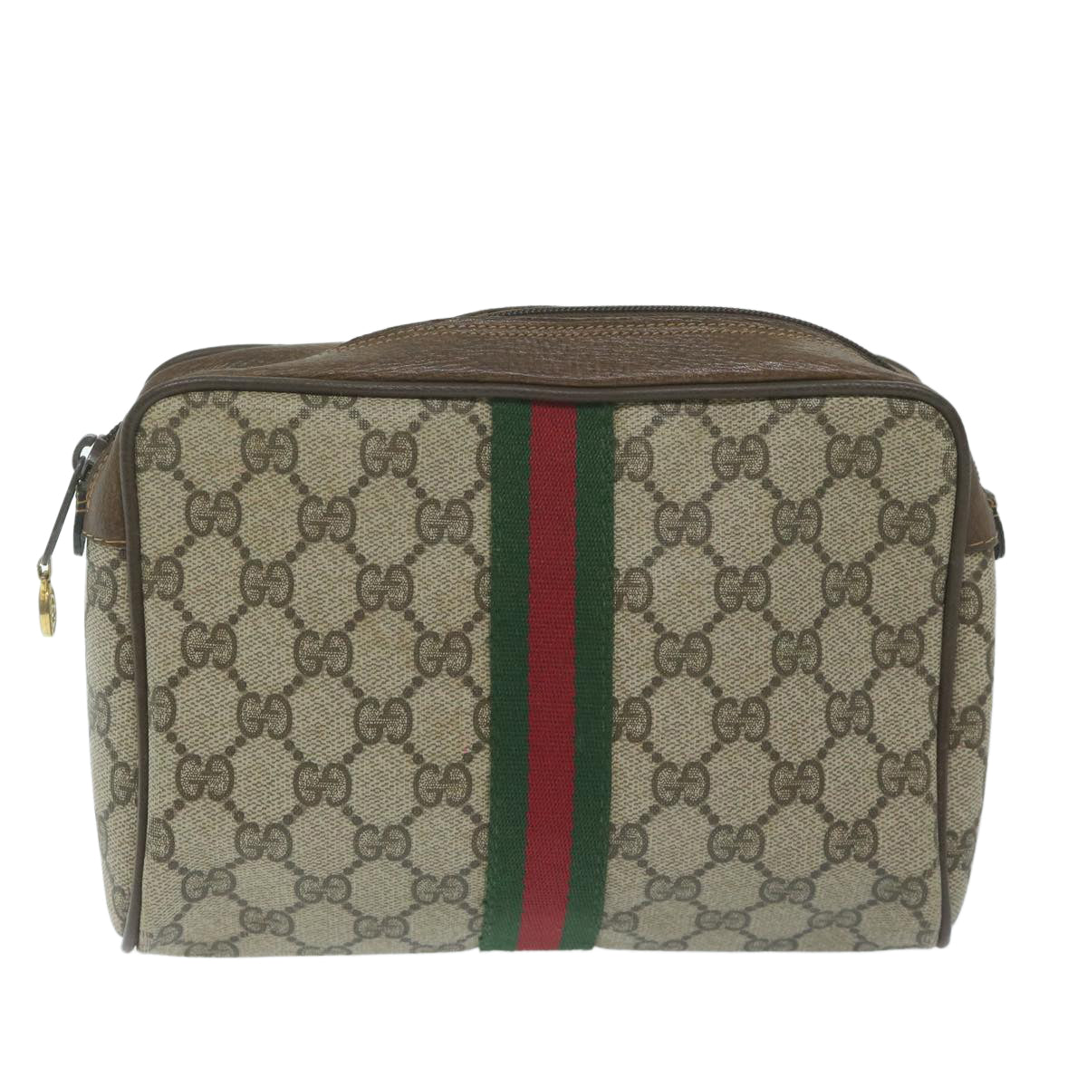 GUCCI Web Sherry Line GG Supreme Clutch Bag Beige Red 40 014 3553 Auth yk10088