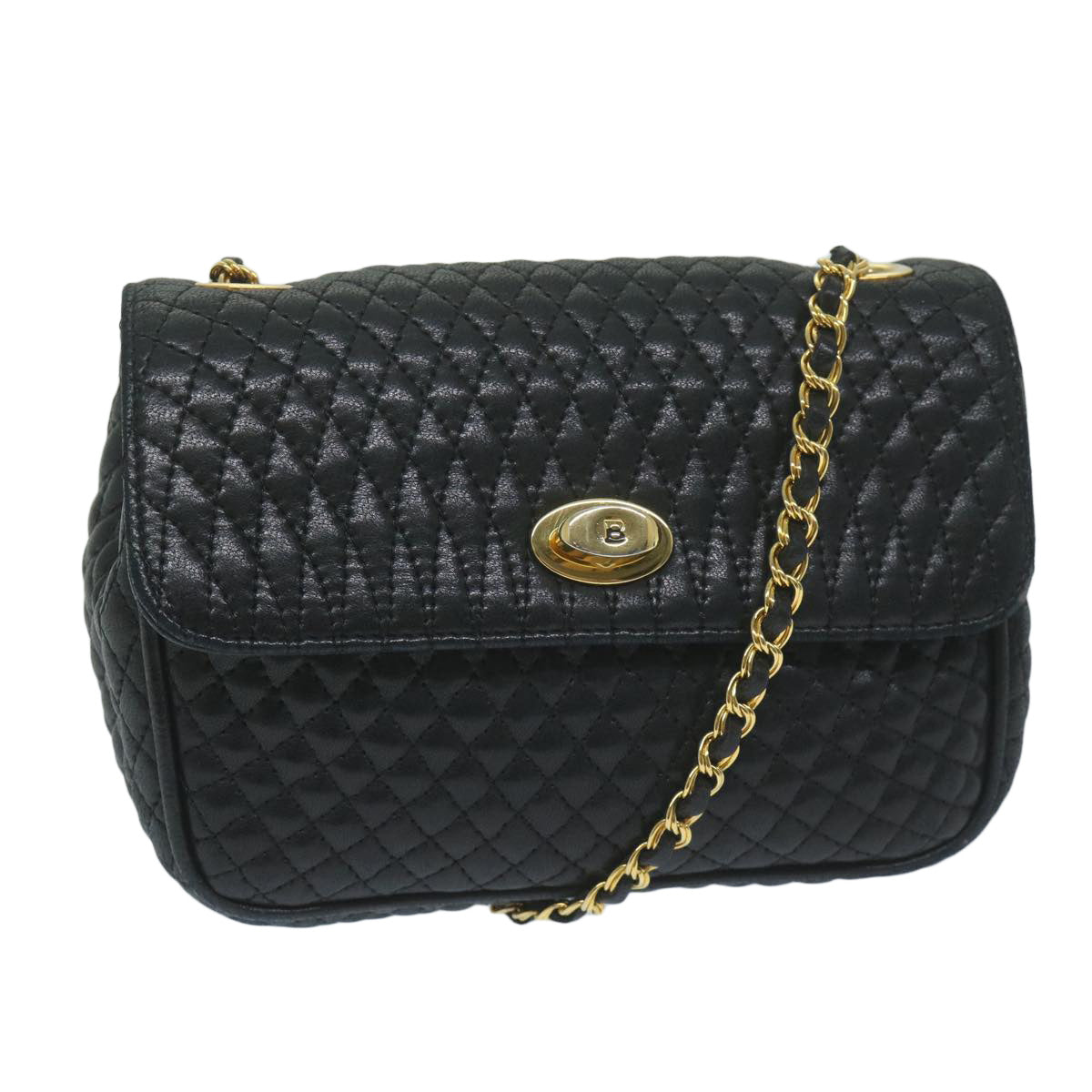 BALLY Quilted Chain Shoulder Bag Leather Black Auth yk10119