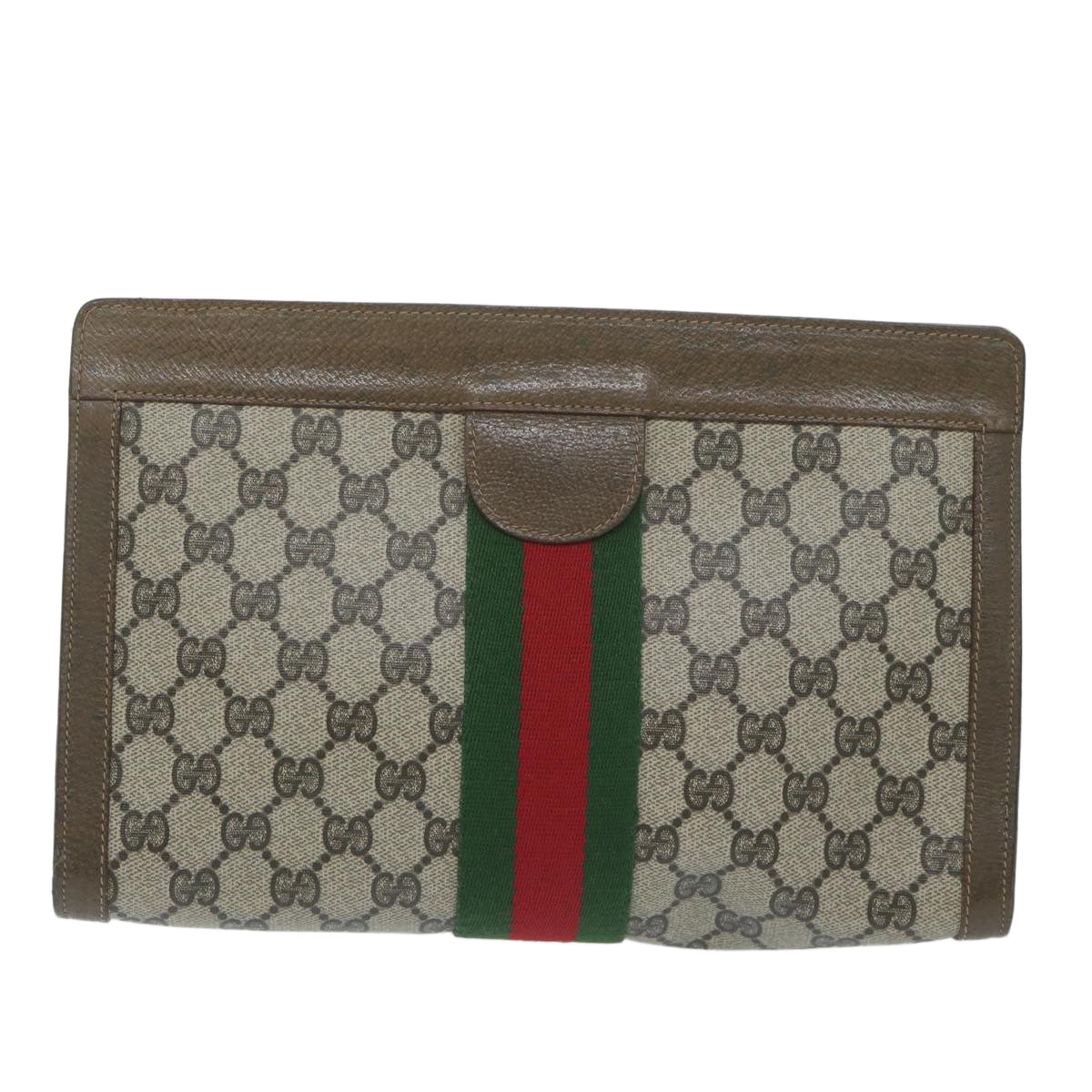 GUCCI GG Canvas Web Sherry Line Clutch Bag PVC Beige Red Green Auth yk10133