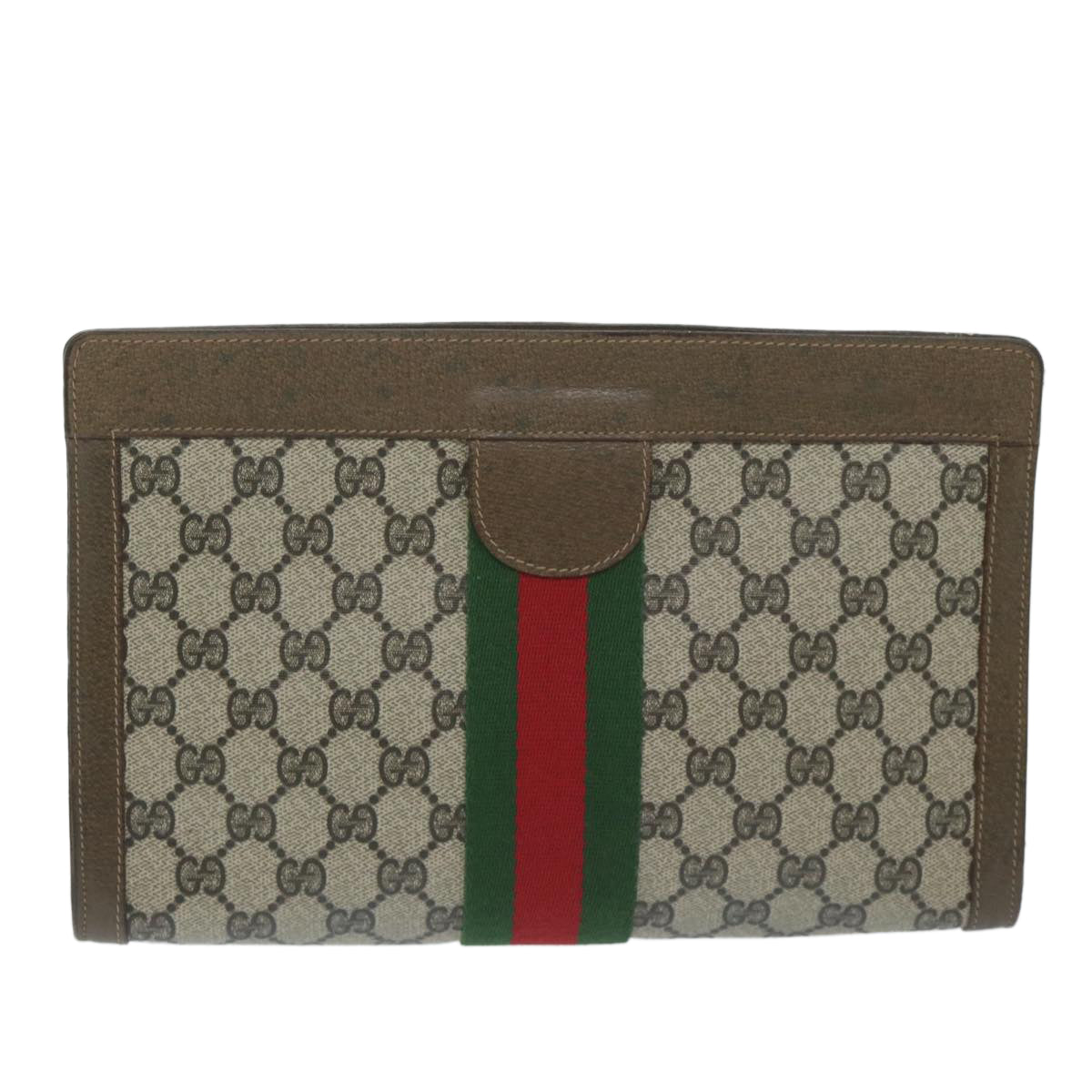 GUCCI GG Canvas Web Sherry Line Clutch Bag PVC Beige Red Green Auth yk10133