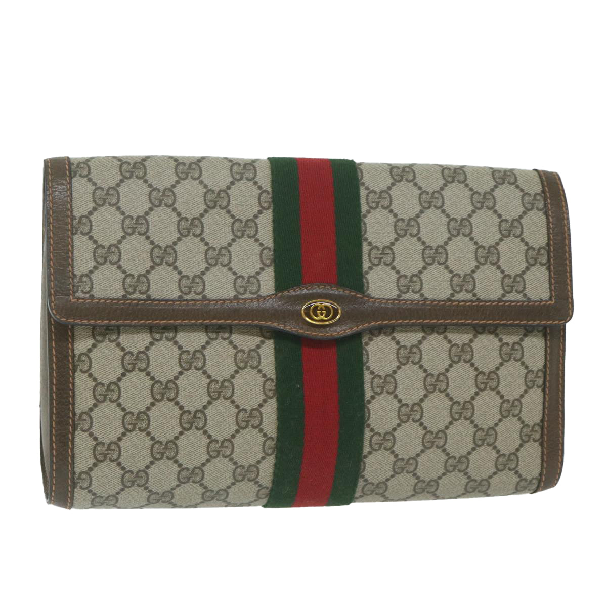 GUCCI GG Supreme Web Sherry Line Clutch Bag Beige Green 89 01 007 Auth yk10216