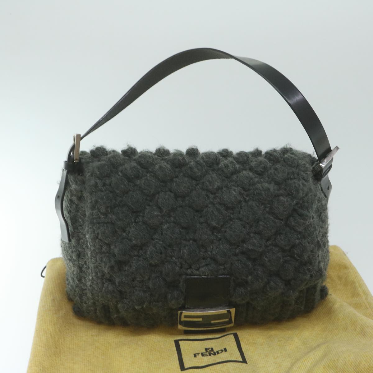 FENDI Mamma Baguette Shoulder Bag Wool Gray Auth yk10246