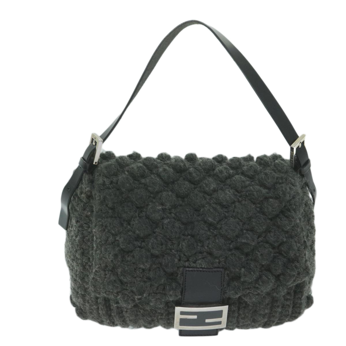 FENDI Mamma Baguette Shoulder Bag Wool Gray Auth yk10246