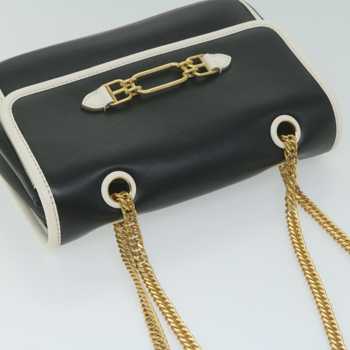 BALLY Chain Shoulder Bag Leather Black White Auth yk10275