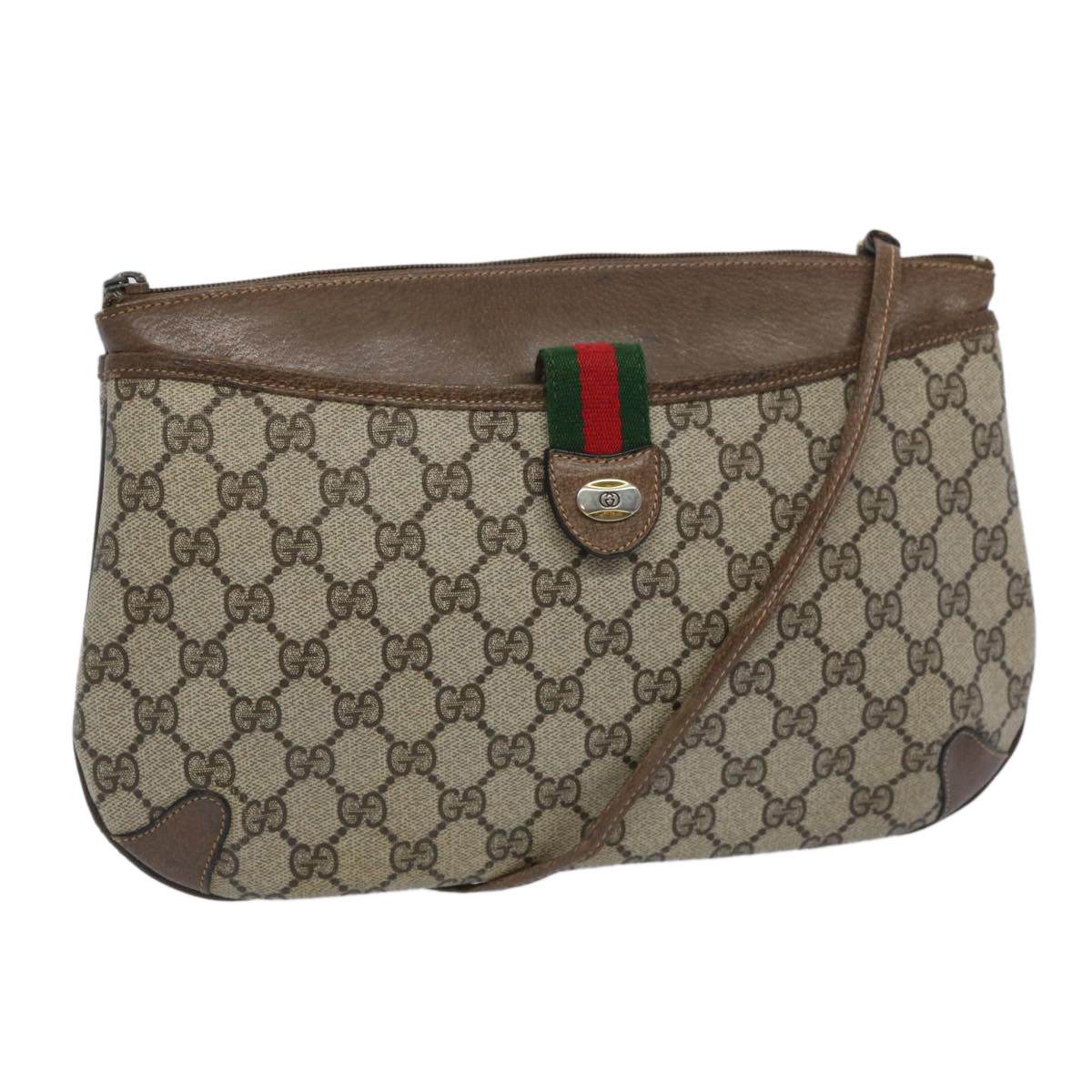 GUCCI GG Supreme Web Sherry Line Shoulder Bag Beige Green 39 02 026 Auth yk10421