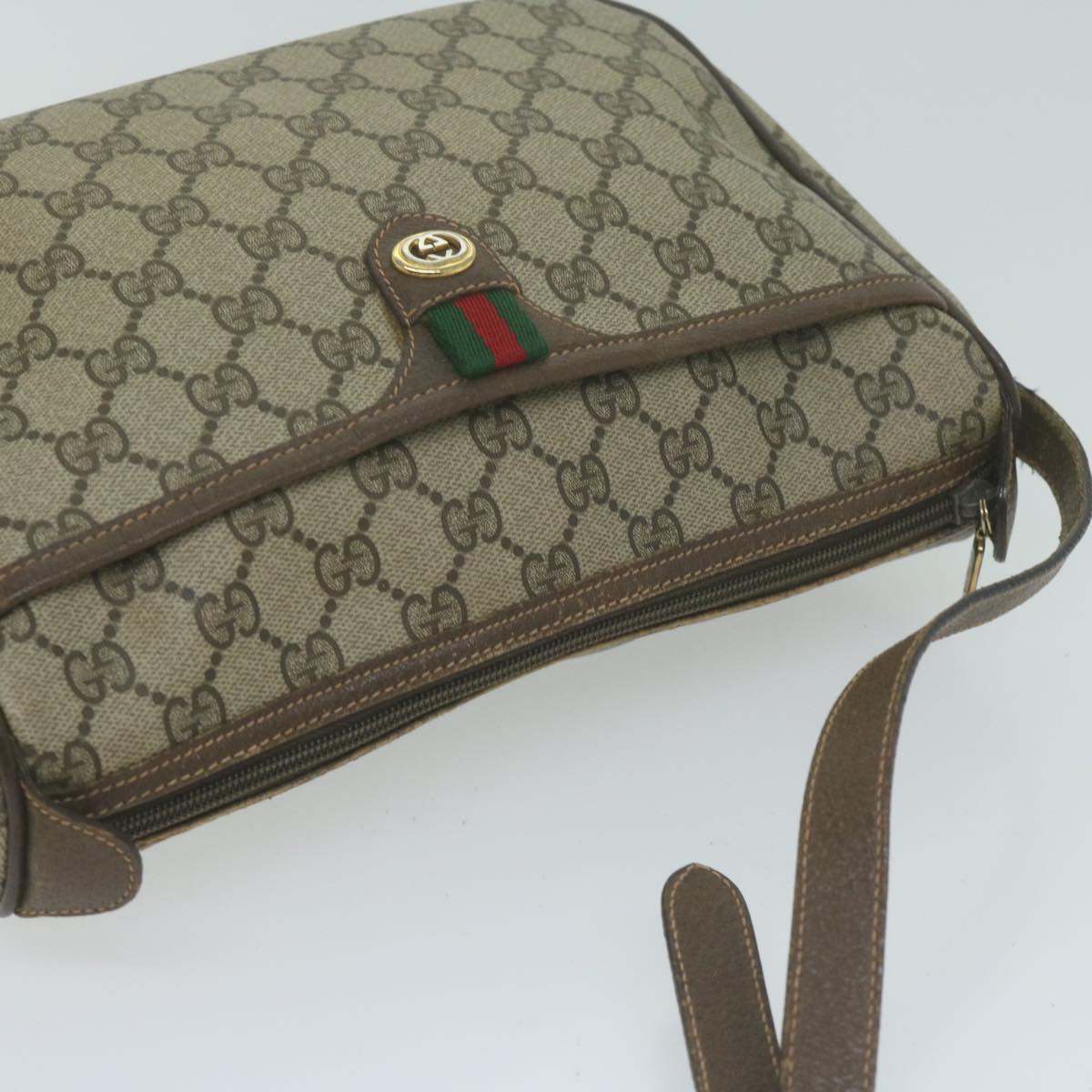 GUCCI GG Canvas Web Sherry Line Shoulder Bag PVC Beige Green Red Auth yk10468