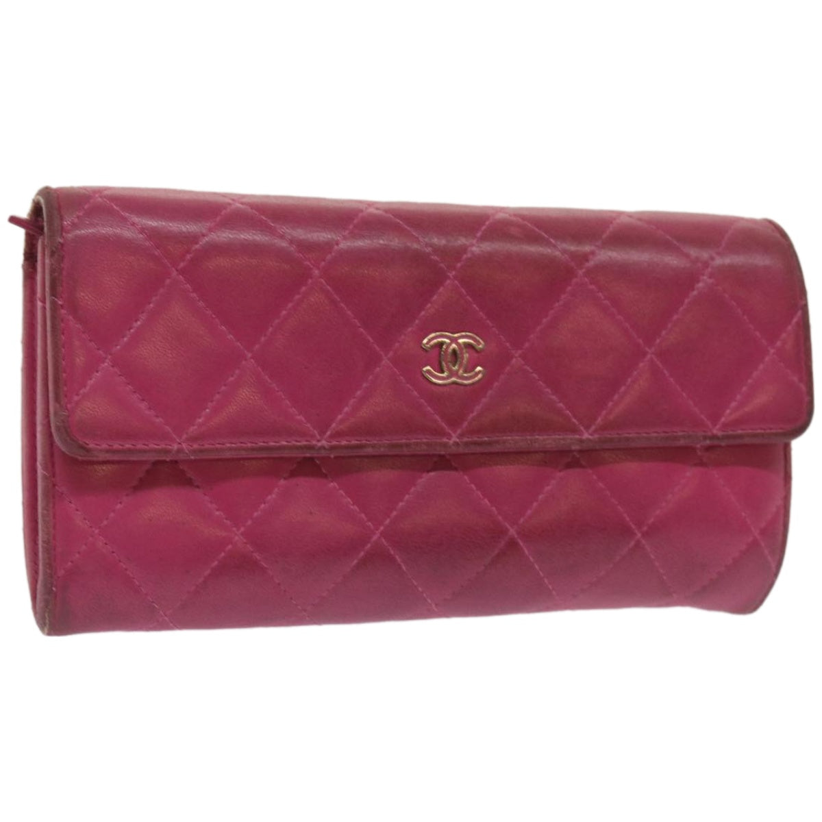 CHANEL Matelasse Long Wallet Lamb Skin Pink CC Auth yk10628