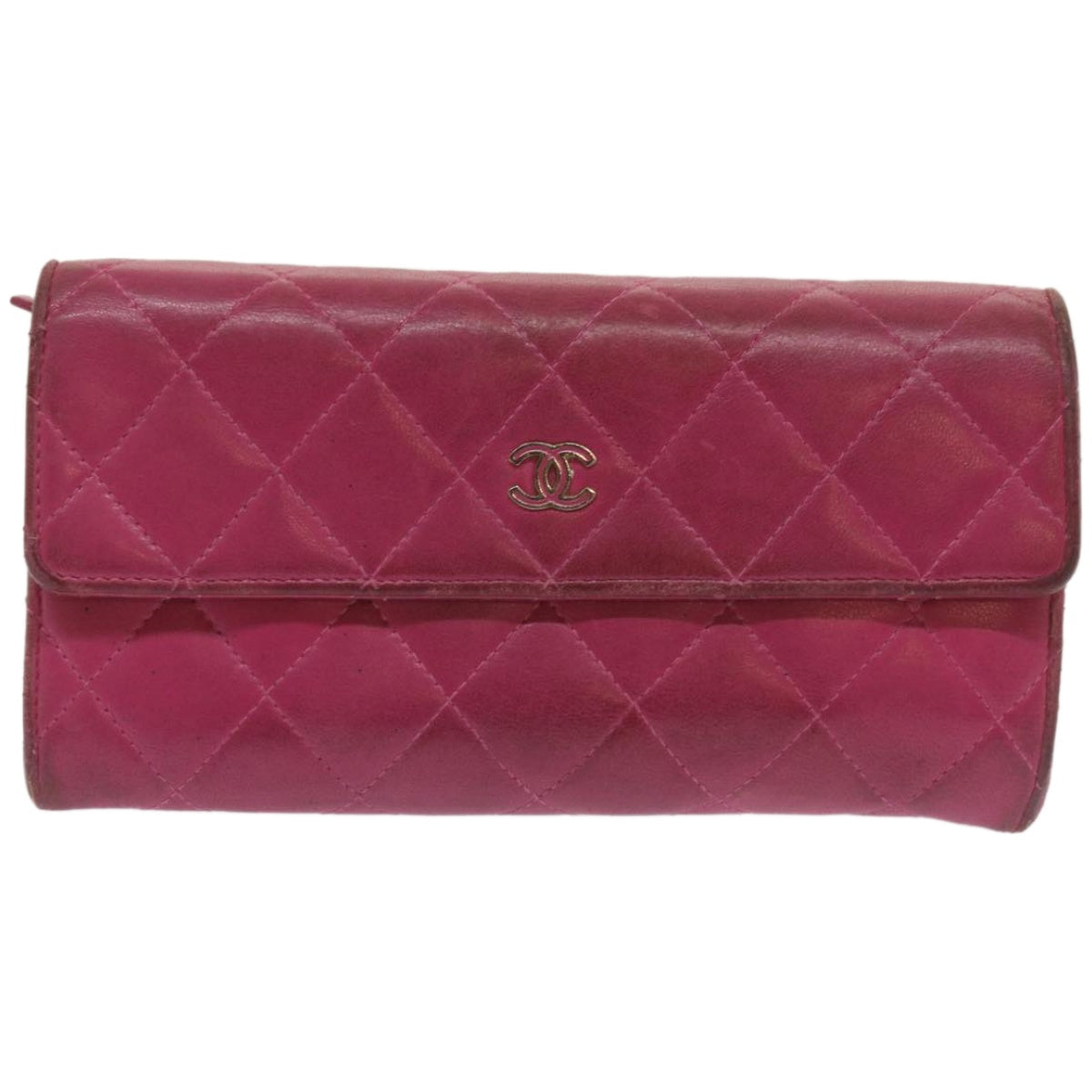 CHANEL Matelasse Long Wallet Lamb Skin Pink CC Auth yk10628