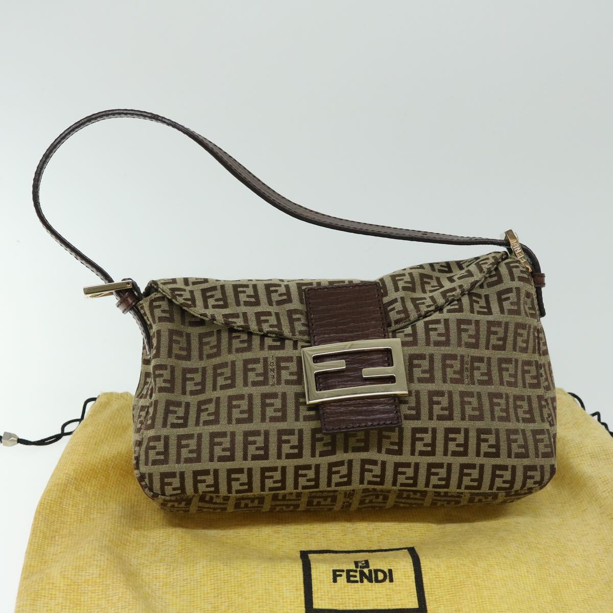 FENDI Zucca Canvas Mamma Baguette Shoulder Bag Beige Auth yk10663A