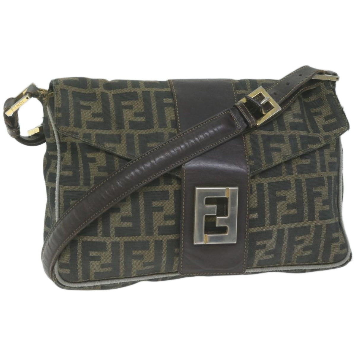 FENDI Zucca Canvas Shoulder Bag Black Brown Auth yk10698