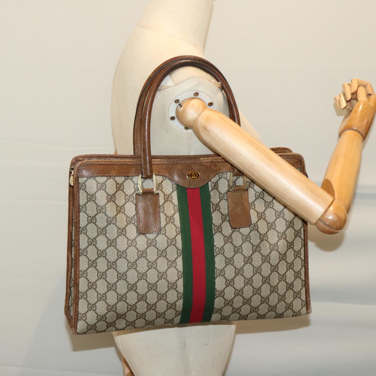 GUCCI GG Supreme Web Sherry Line Hand Bag Beige Red 002 4083 39 Auth yk10706