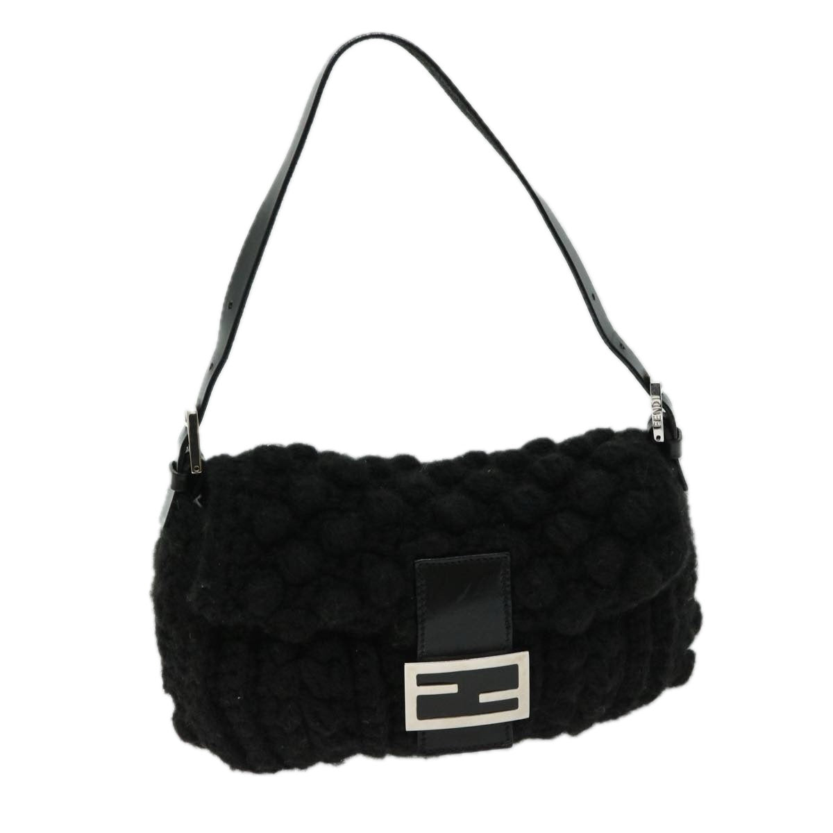 FENDI Mamma Baguette Shoulder Bag Wool Black Auth yk10715A