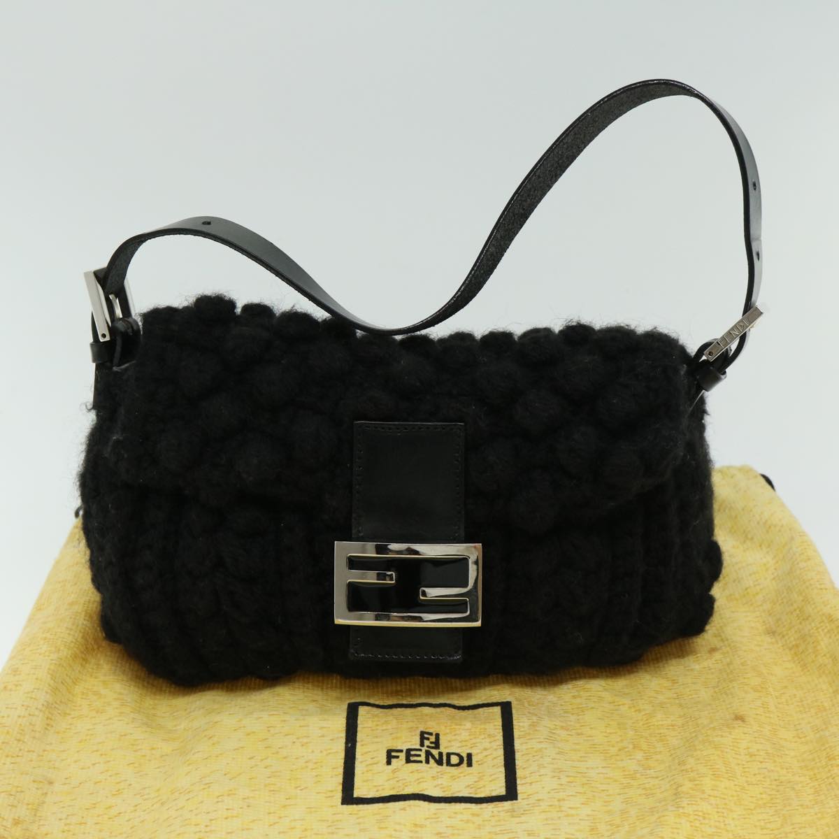 FENDI Mamma Baguette Shoulder Bag Wool Black Auth yk10715A