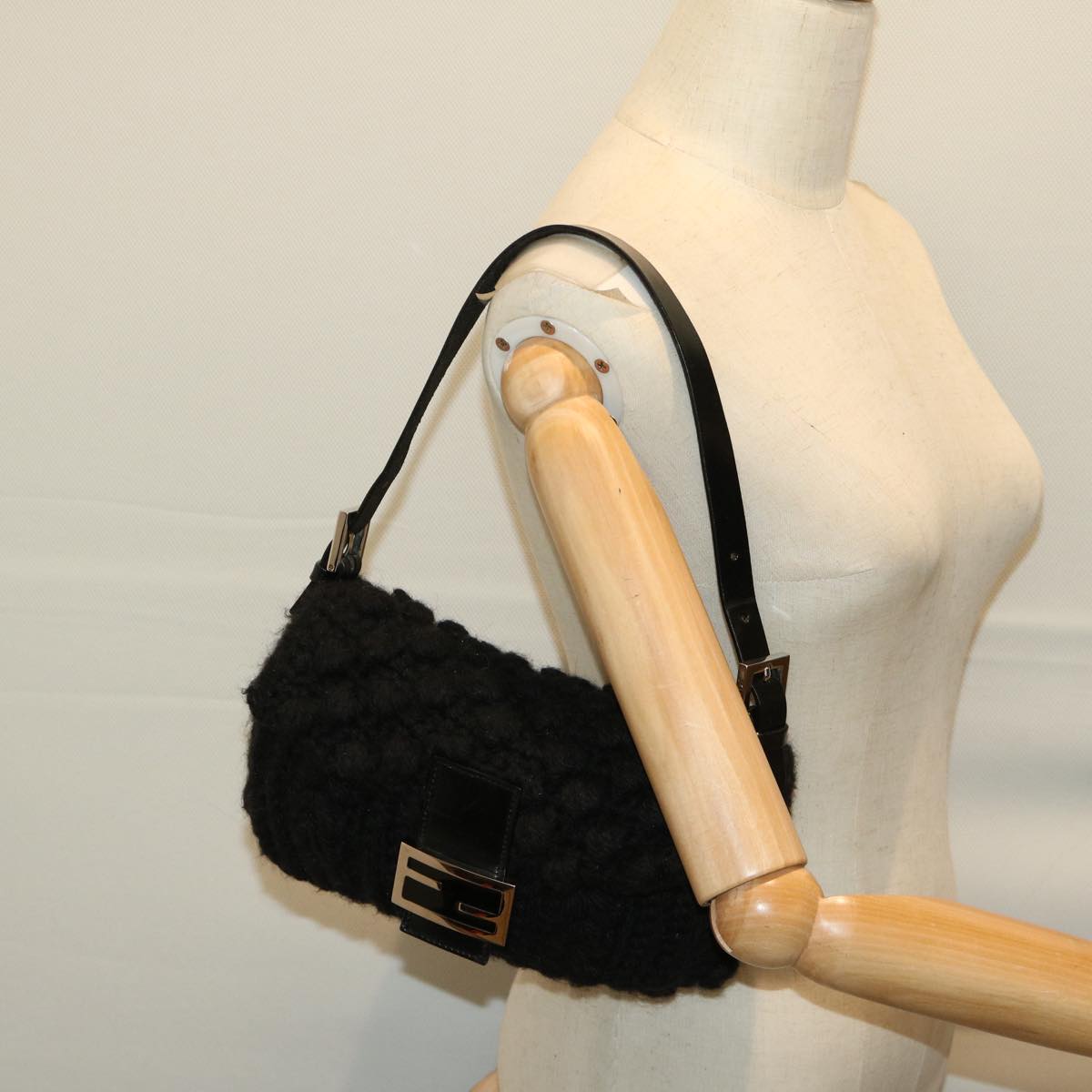 FENDI Mamma Baguette Shoulder Bag Wool Black Auth yk10715A