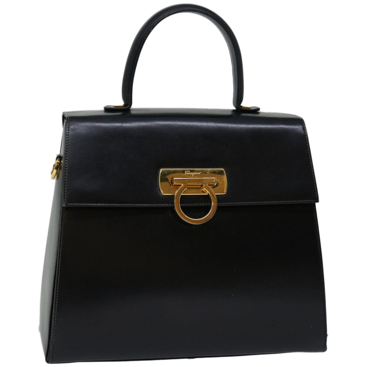 Salvatore Ferragamo Gancini Hand Bag Leather Black Auth yk10743