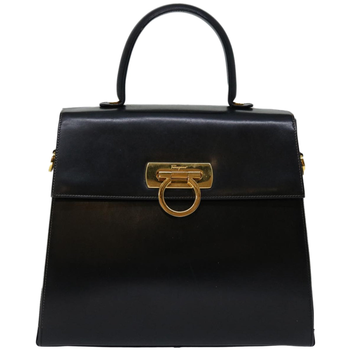 Salvatore Ferragamo Gancini Hand Bag Leather Black Auth yk10743