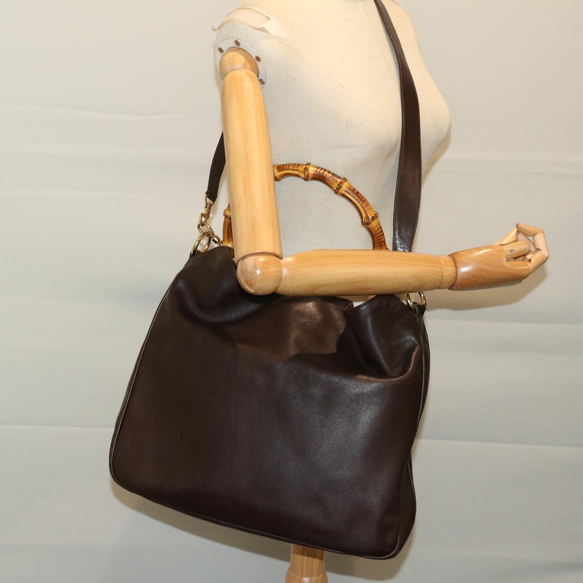 GUCCI Bamboo Hand Bag Leather 2way Brown 001 1998 1577 Auth yk10783