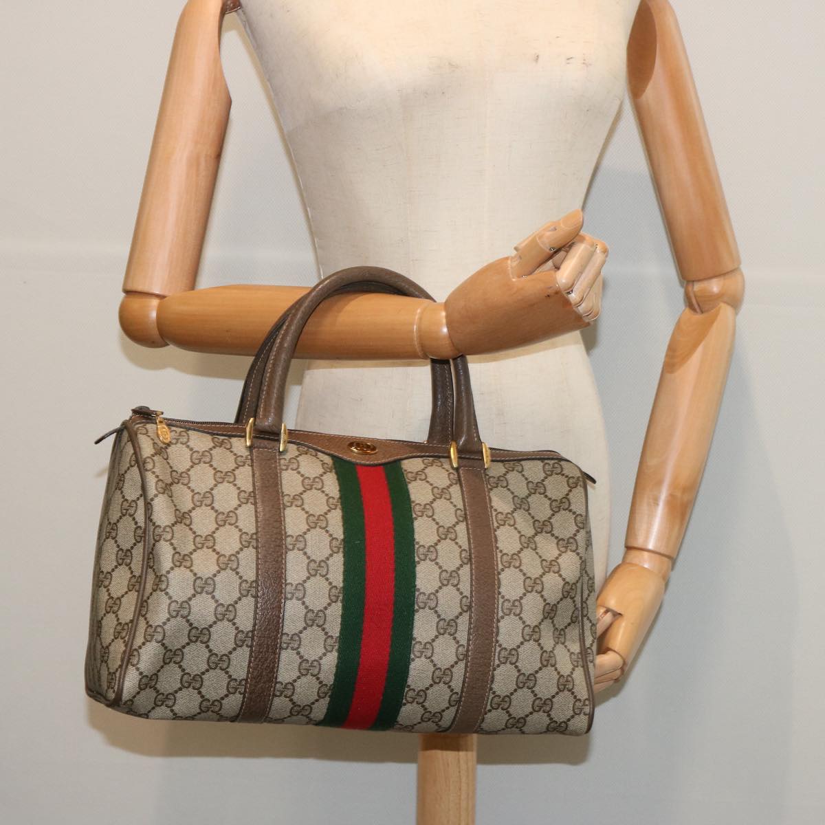 GUCCI GG Supreme Web Sherry Line Boston Bag Beige Red 24 02 007 Auth yk10839