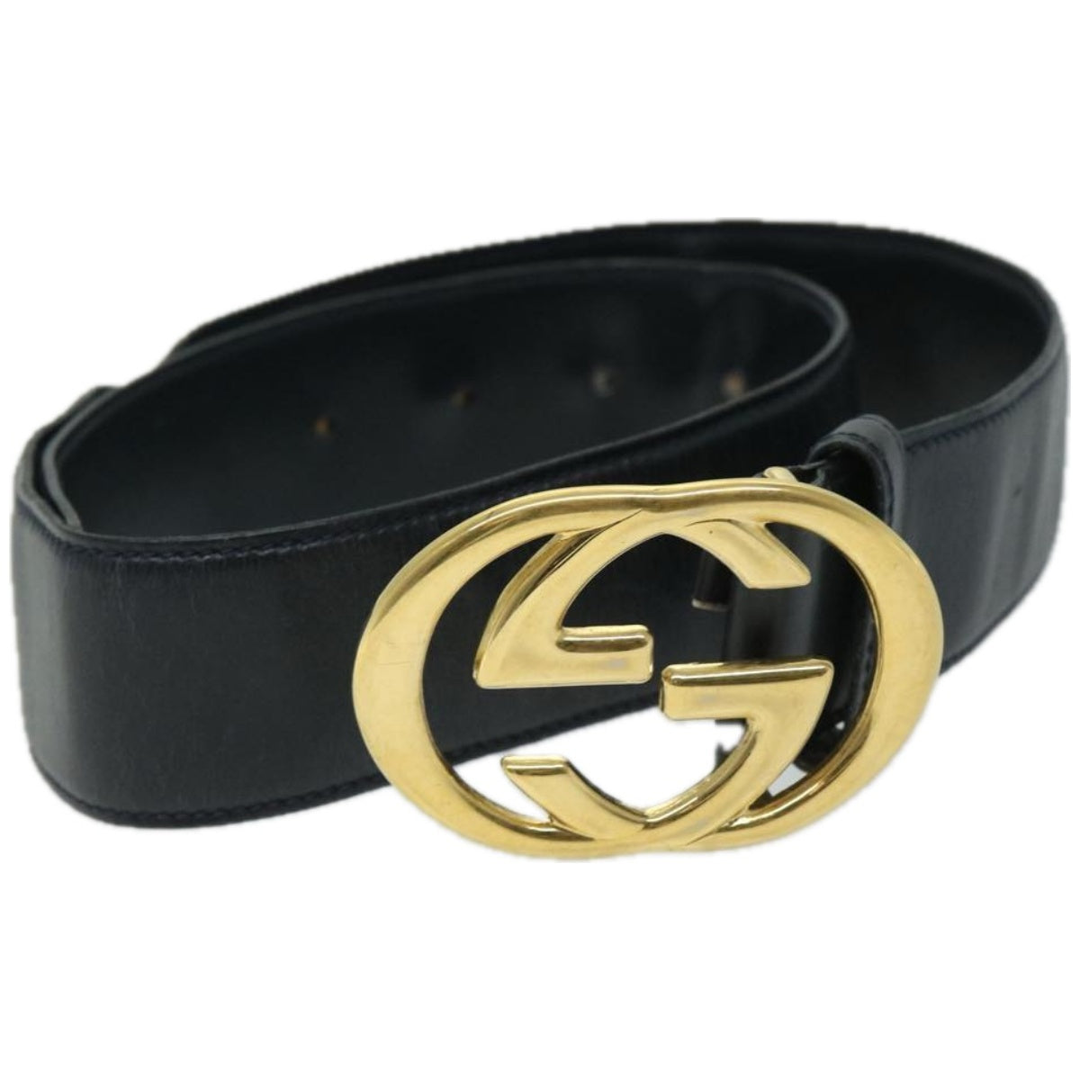 GUCCI Interlocking Belt Leather 31.5"" Navy 037 01 33 1510 Auth yk10850