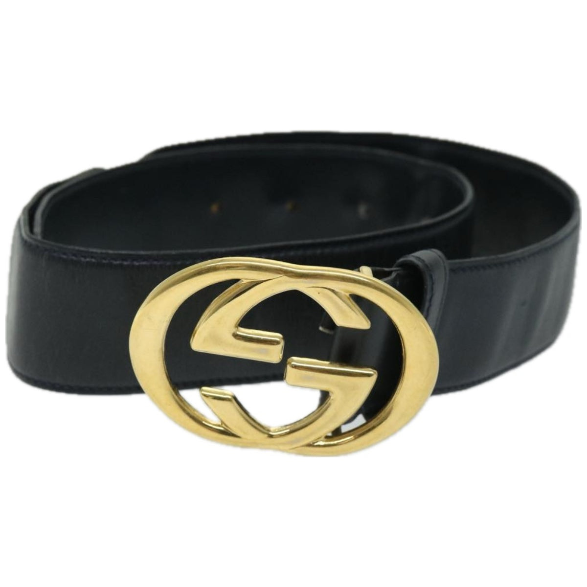 GUCCI Interlocking Belt Leather 31.5"" Navy 037 01 33 1510 Auth yk10850