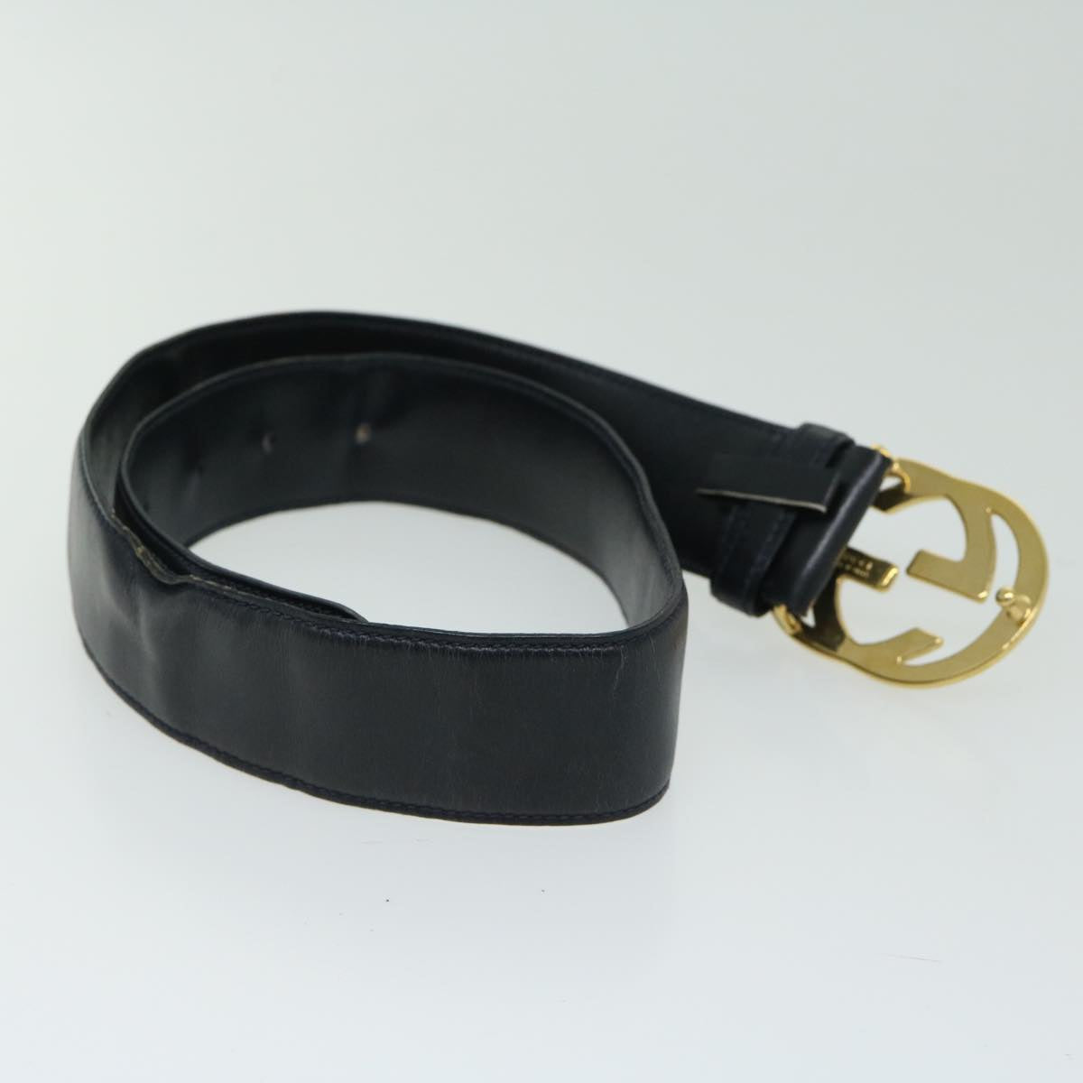 GUCCI Interlocking Belt Leather 31.5"" Navy 037 01 33 1510 Auth yk10850