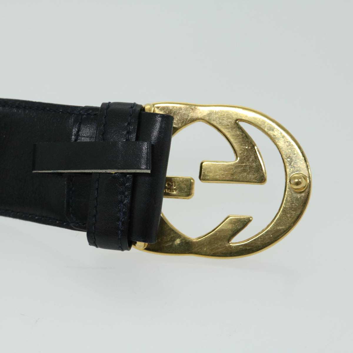 GUCCI Interlocking Belt Leather 31.5"" Navy 037 01 33 1510 Auth yk10850