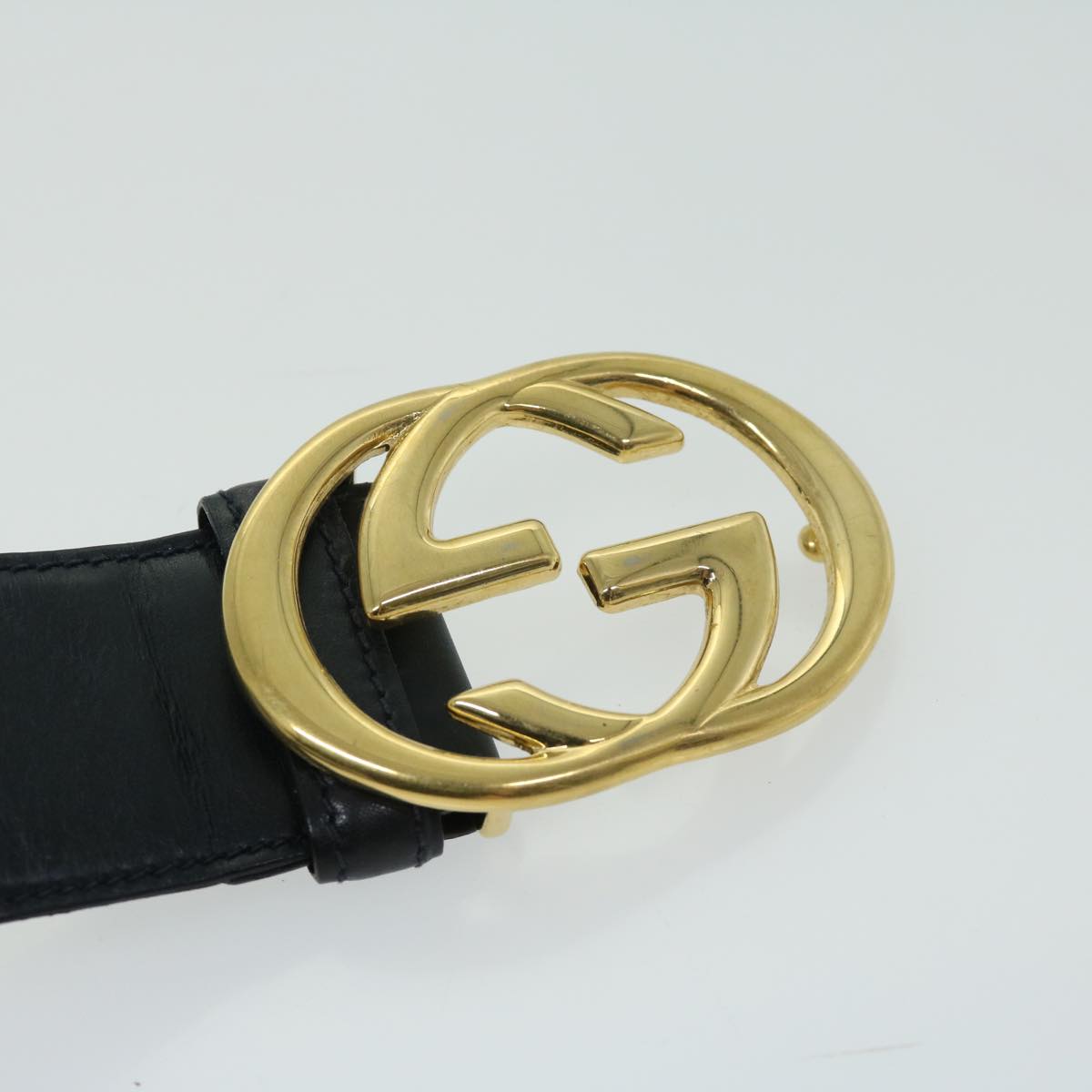 GUCCI Interlocking Belt Leather 31.5"" Navy 037 01 33 1510 Auth yk10850