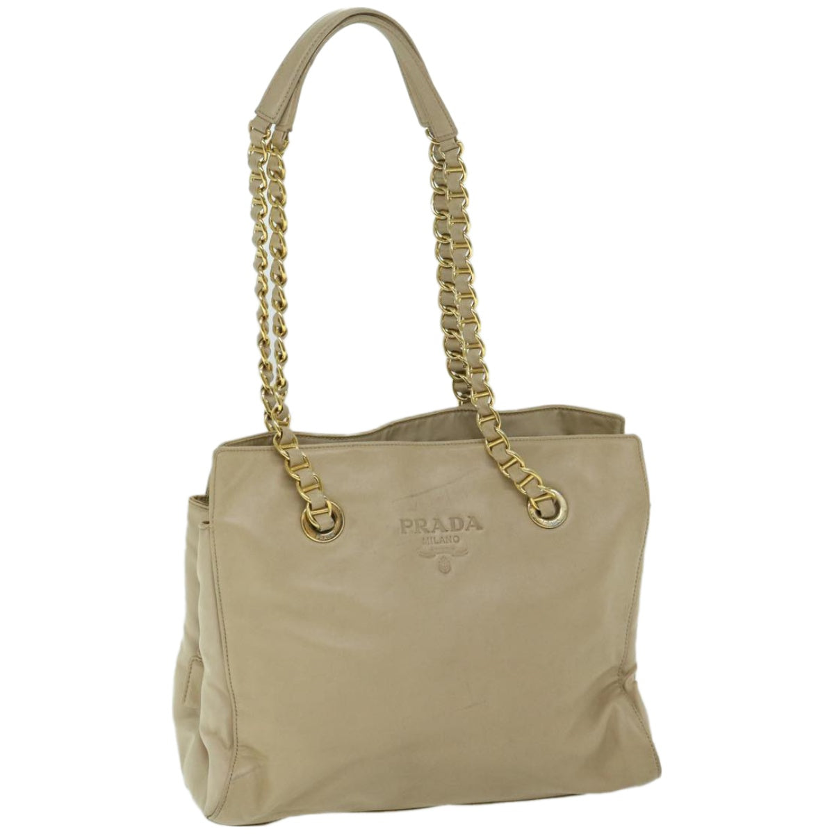 PRADA Chain Shoulder Bag Leather Beige Auth yk10950