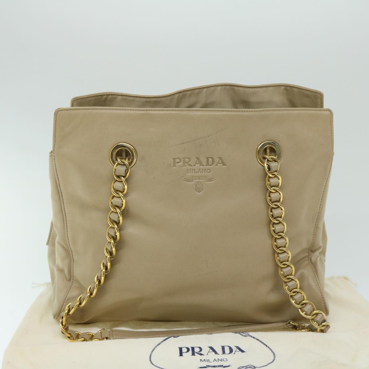 PRADA Chain Shoulder Bag Leather Beige Auth yk10950