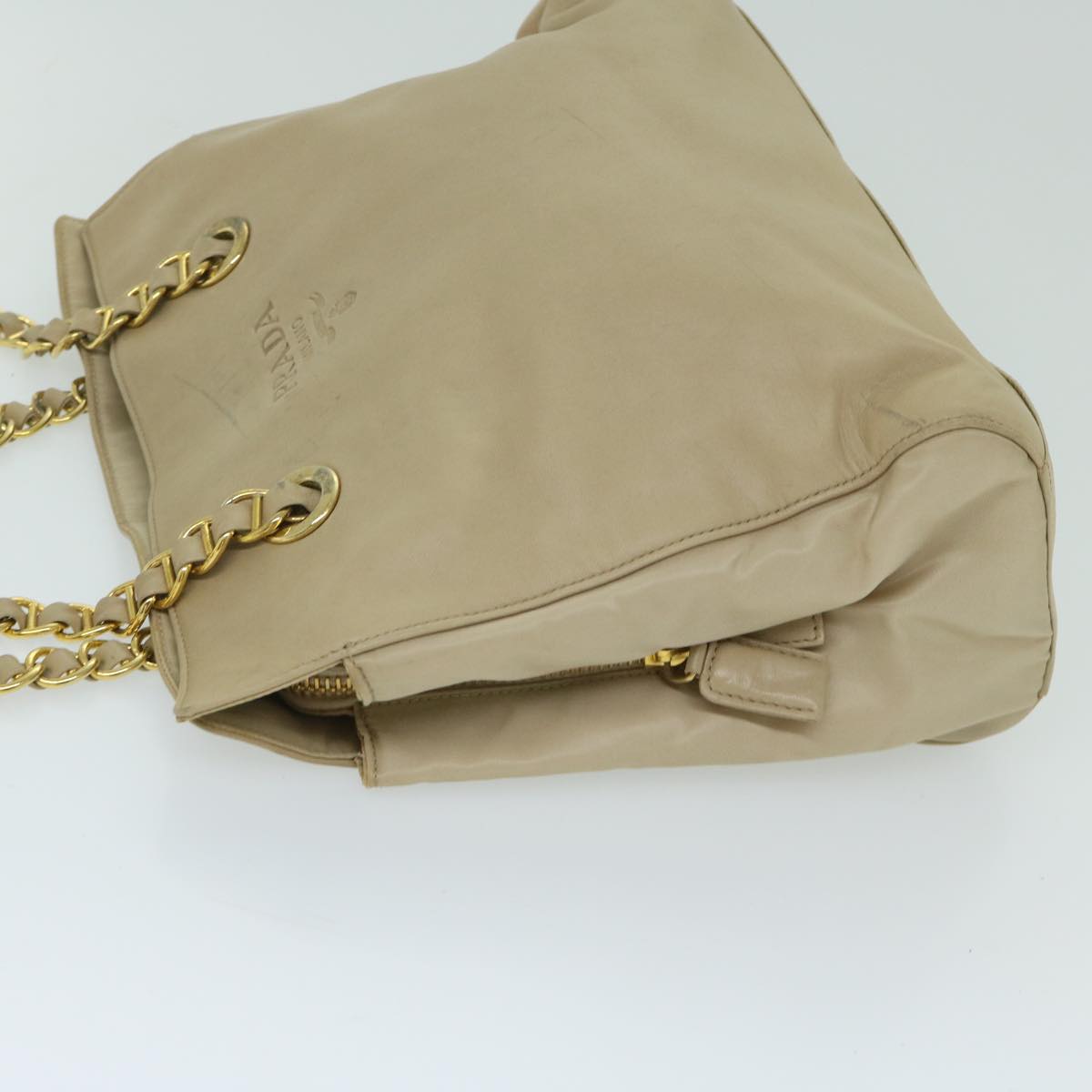 PRADA Chain Shoulder Bag Leather Beige Auth yk10950