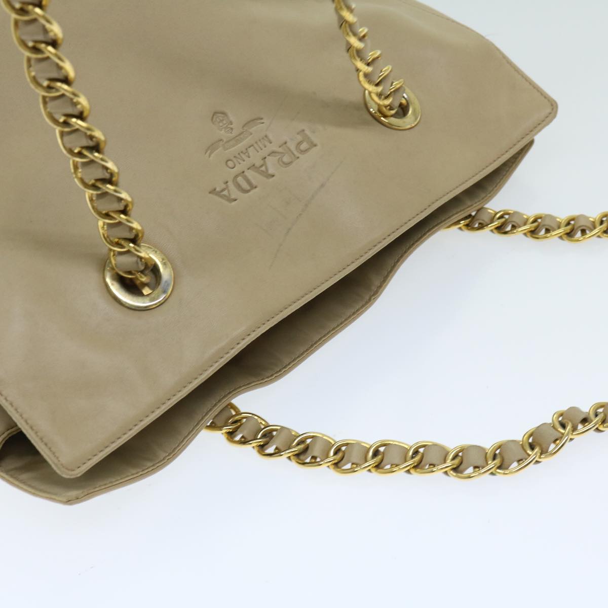 PRADA Chain Shoulder Bag Leather Beige Auth yk10950