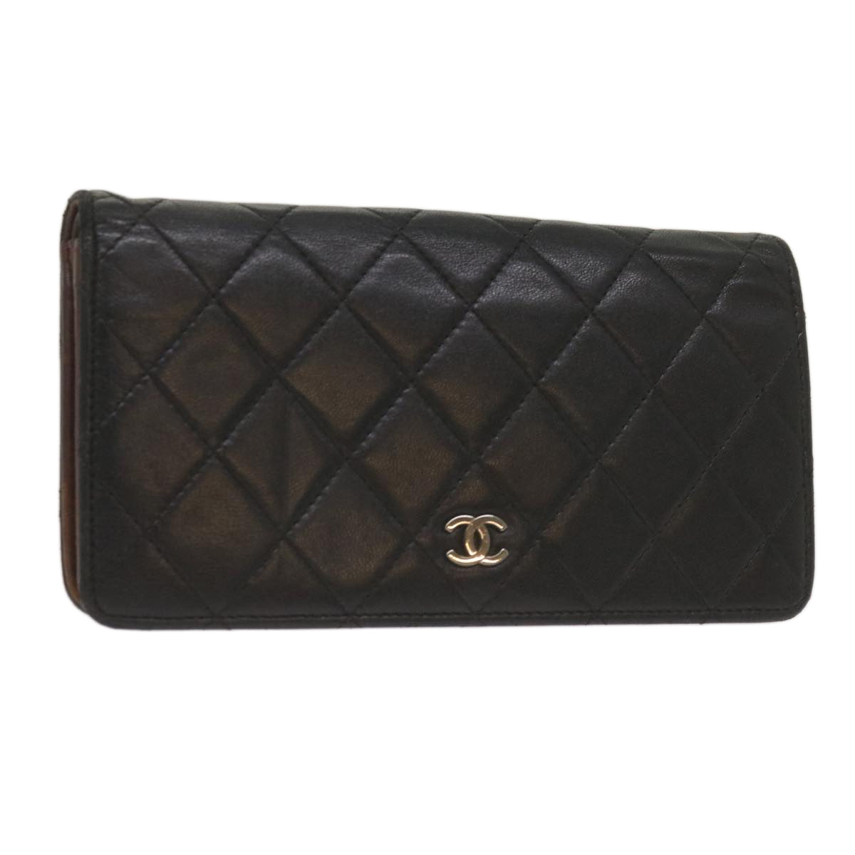 CHANEL Matelasse Long Wallet Lamb Skin Black CC Auth yk11141