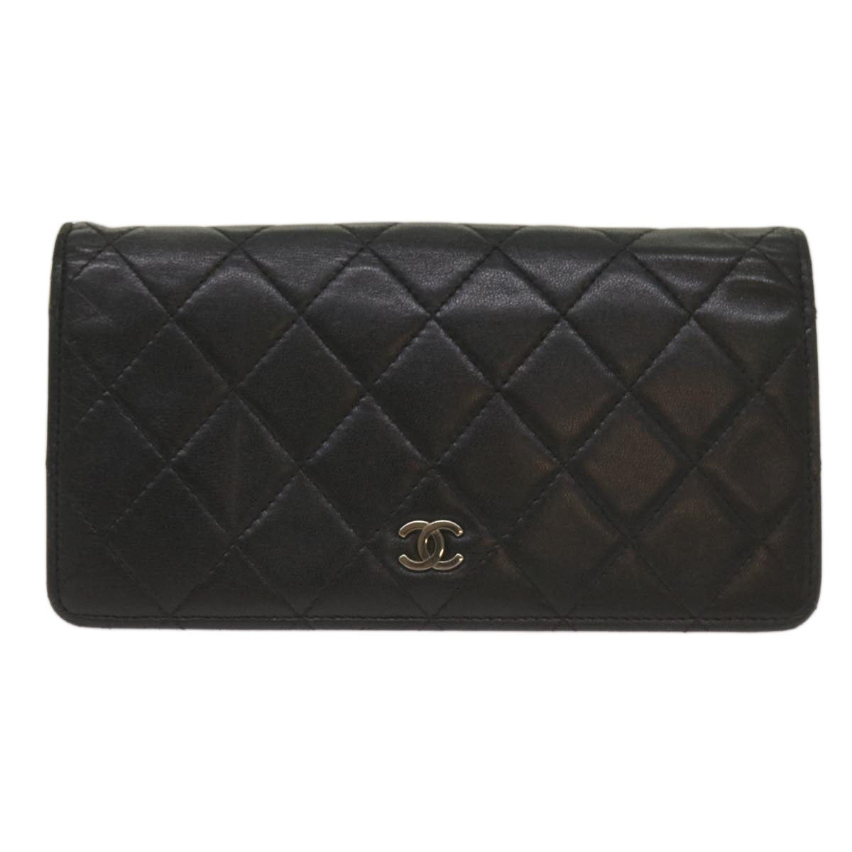 CHANEL Matelasse Long Wallet Lamb Skin Black CC Auth yk11141