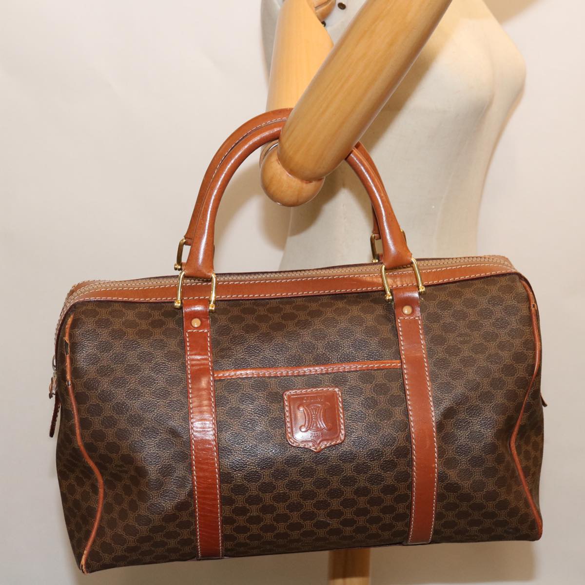 CELINE Macadam Canvas Boston Bag PVC Brown Auth yk11195