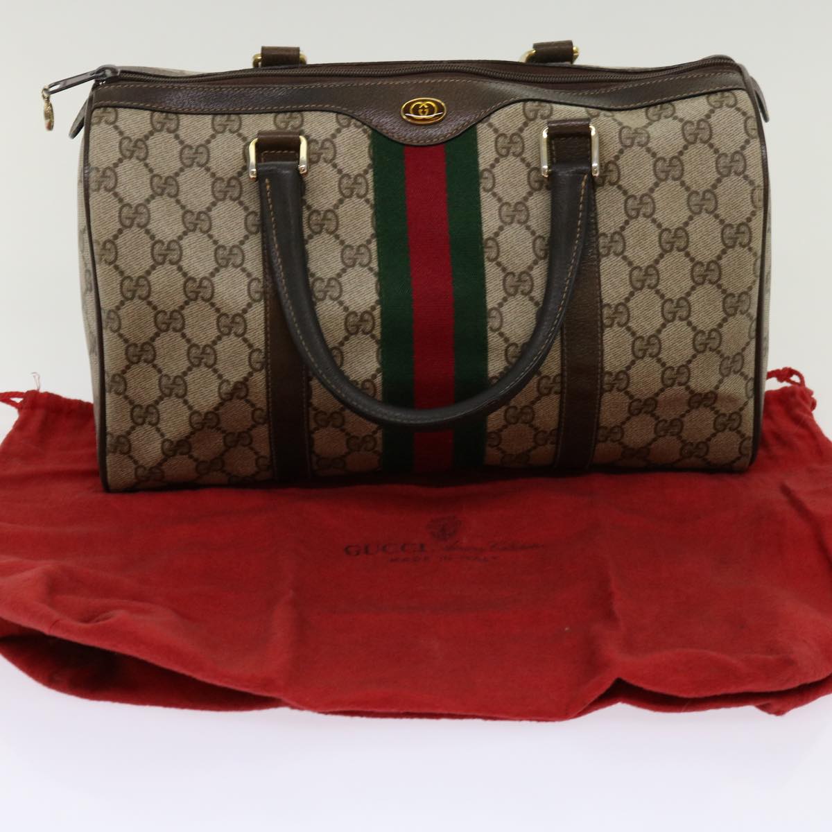 GUCCI GG Canvas Web Sherry Line Boston Bag Beige Red 10 12 3842 Auth yk11354