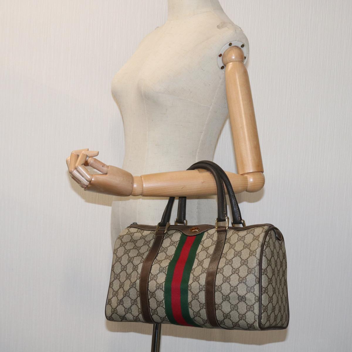 GUCCI GG Canvas Web Sherry Line Boston Bag Beige Red 10 12 3842 Auth yk11354