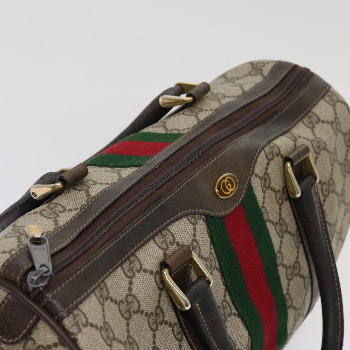 GUCCI GG Canvas Web Sherry Line Boston Bag Beige Red 10 12 3842 Auth yk11354